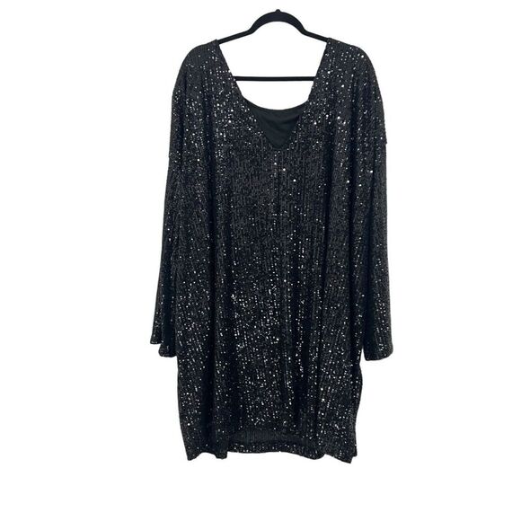 ASOS DESIGN Curve Size 20 Long Sleeve V Back Sequin Mini Dress in Black - Picture 3 of 4